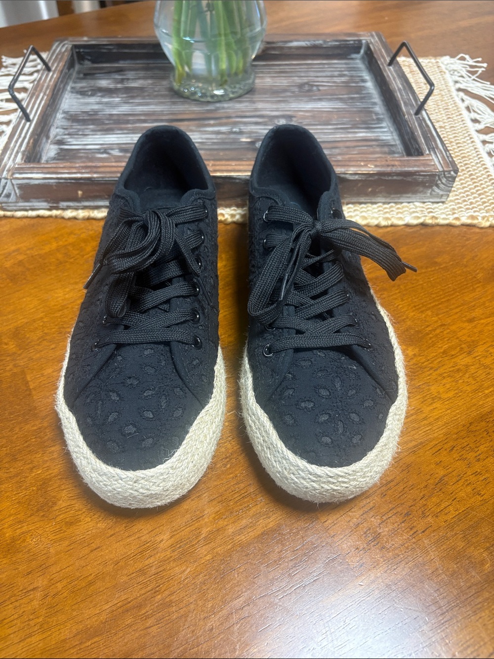 Women’s Black Serra brand Lace-Textured Espadrille Sneakers
